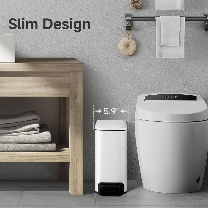 TIPGO Slim Bathroom Trash Can with Lid Soft Close, Step Pedal, 6 Liter / 1.6 Gallon Stainless Steel Trash Bin, Small Garbage Cans for Bedroom, Office, Kitchen (White) - Image 5